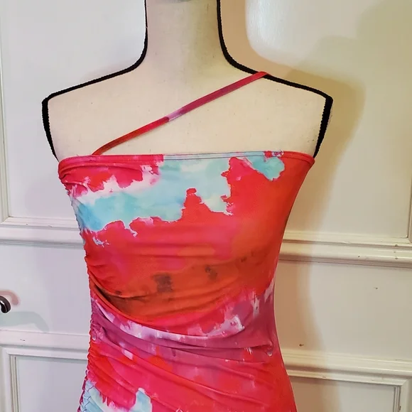 Pretty Little Thing Pink Multi Asymmetric Strap Ruched Bodycon Dress, Size 6 - Picture 13 of 16